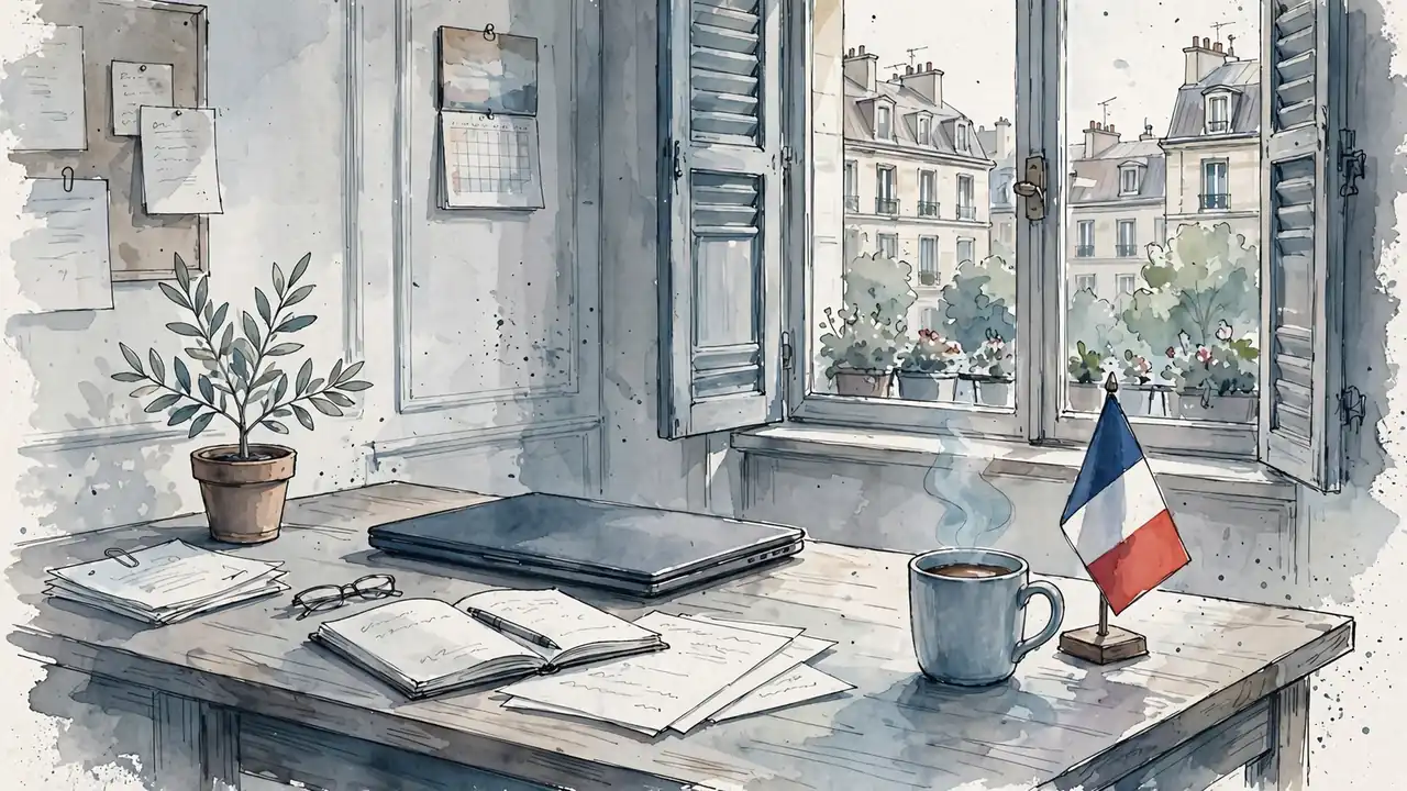 Bureau français calme avec drapeau et tasse de café