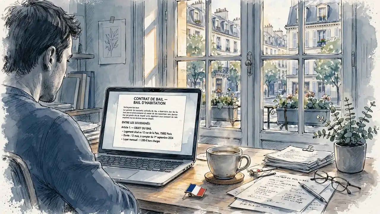 Bureau français avec documents légaux, fenêtre sur la rue parisienne