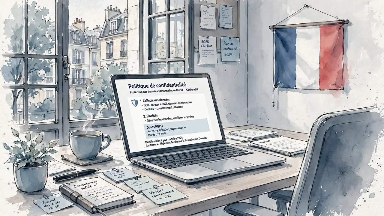 Bureau français avec ordinateur affichant la politique de confidentialité.