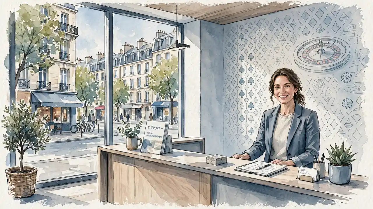 Réception française moderne avec agent de support et décor de casino