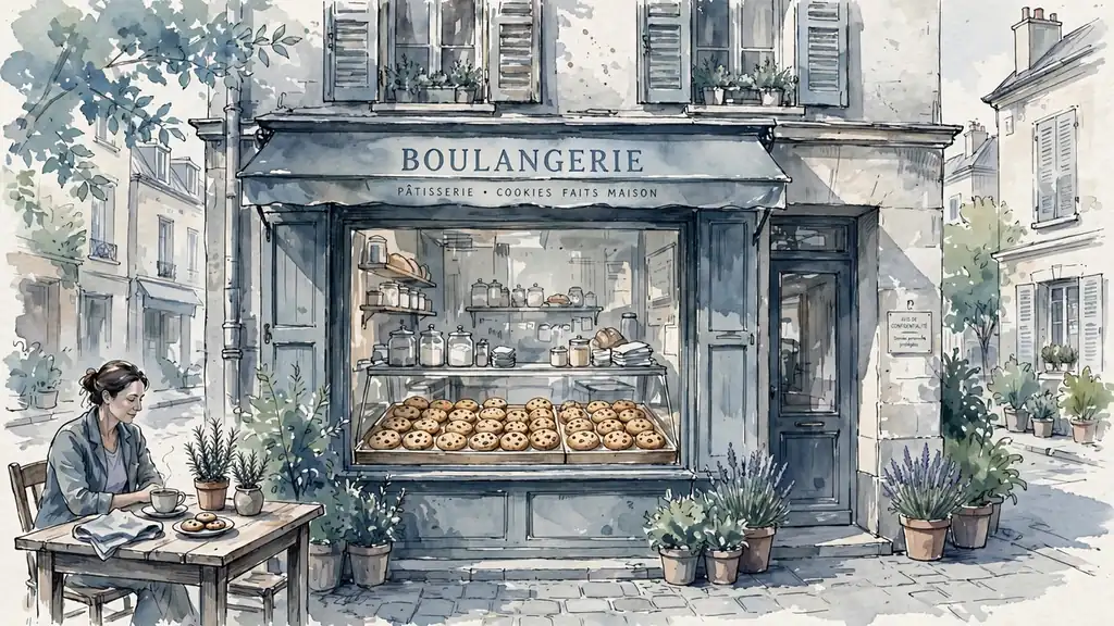 Façade d'une boulangerie française avec des cookies en vitrine sous le soleil.