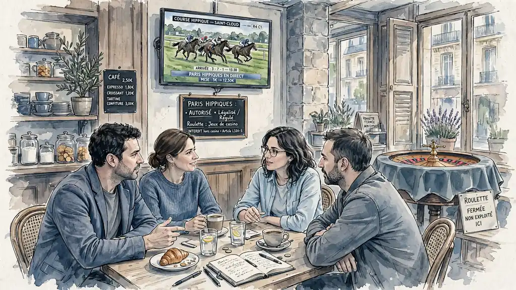 Café français avec discussion sur paris hippiques et roulette en arrière-plan