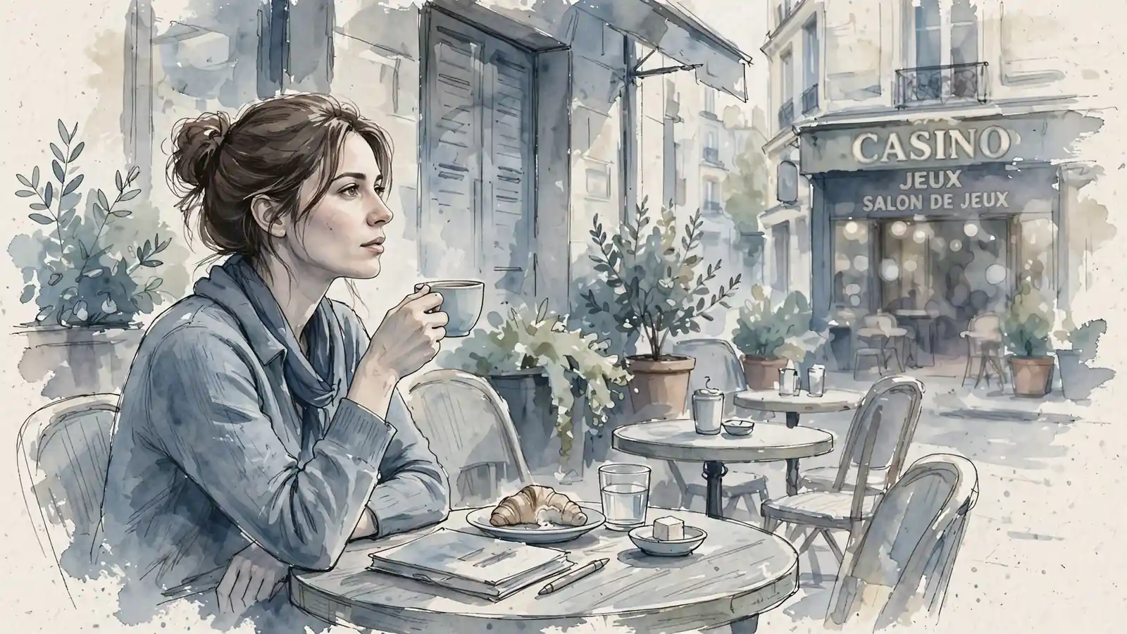Femme française au café, reflet de jeu responsable