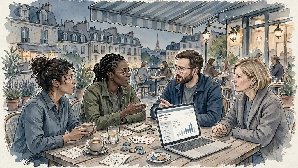 Terrasse de café français avec personnes discutant de critiques de casino le soir